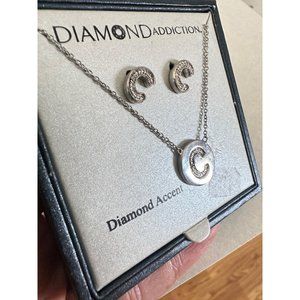 Silver plated brass real diamond accented letter C necklace earrings set